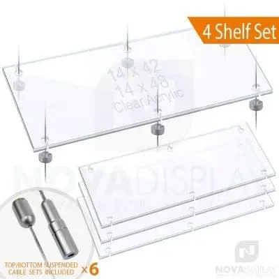 Cable Suspended 3/8" Thick Acrylic Shelf Display Bundle w/Clear Slotted / Removable Wide Shelves