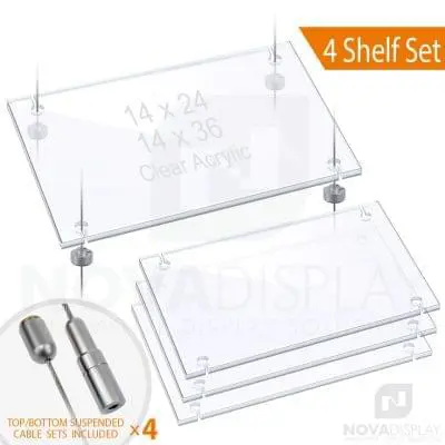 Cable Suspended 3/8″ Thick Acrylic Shelf Display Bundle w/Clear Slotted / Removable Shelves