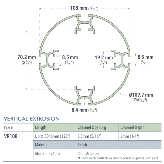 Specifications for VR108/72/L