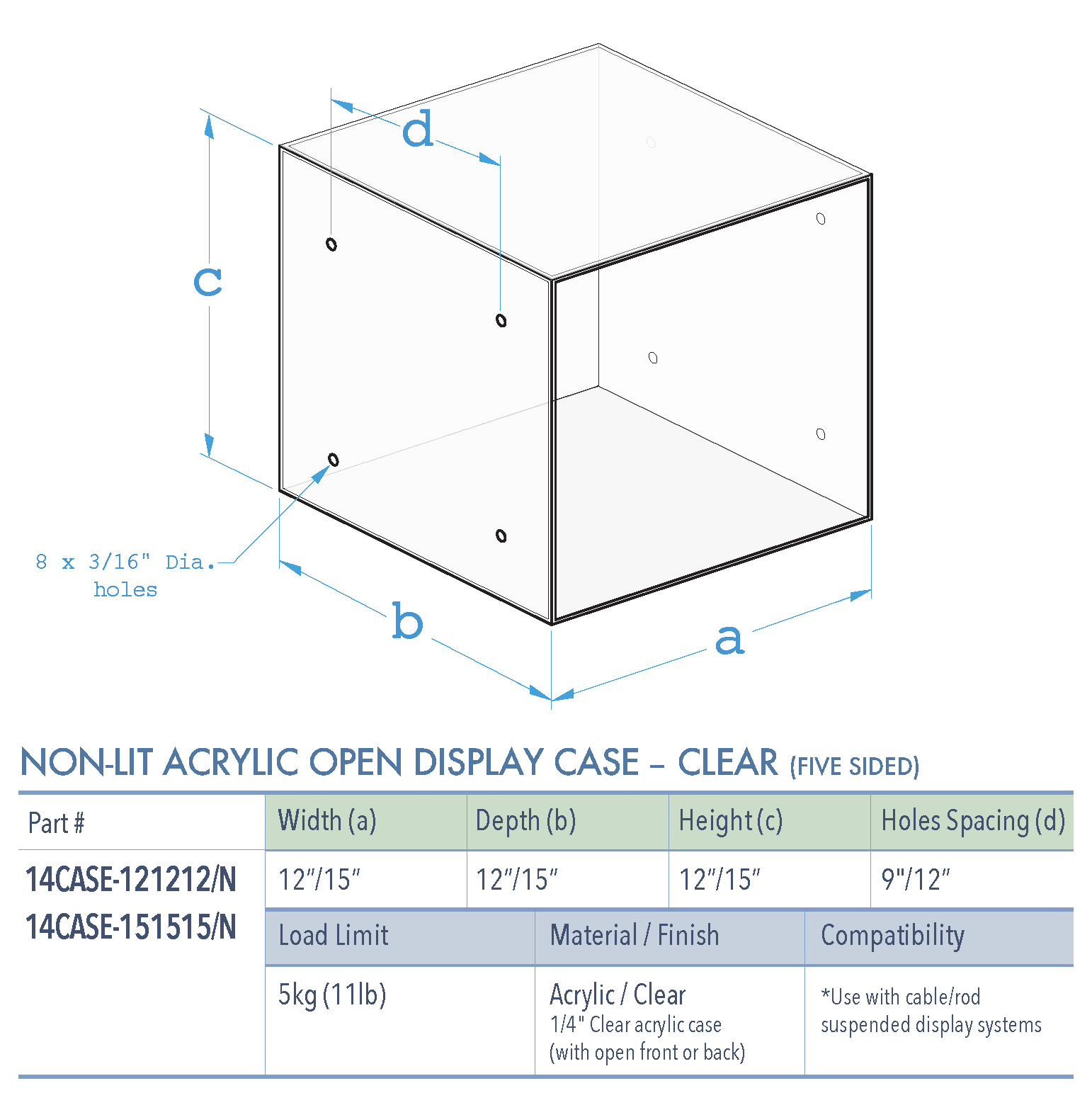 Specifications for 14CASE-CLEAR-OPEN