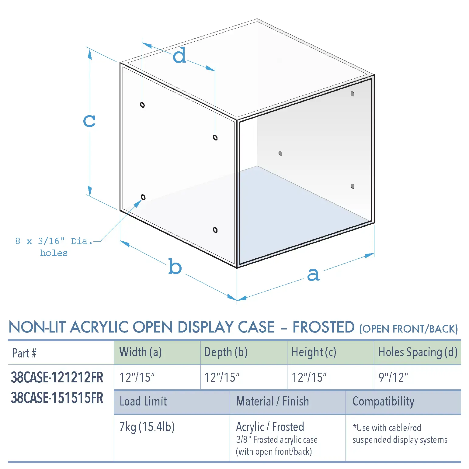 Specifications for 38CASE-FROSTED-OPEN