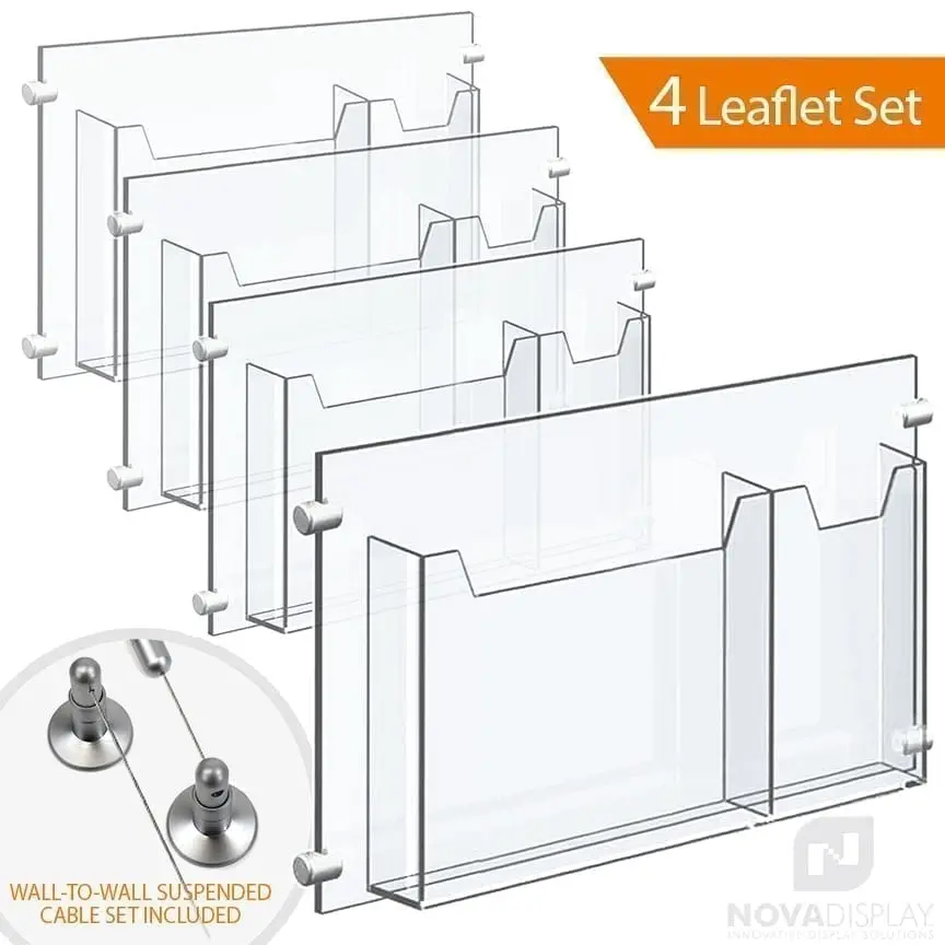 Wall-to-Wall Cable Suspended 1/8″ Clear Acrylic Literature Holder (with 1/4″ Base) – Double Pocket / 4 PCS SET