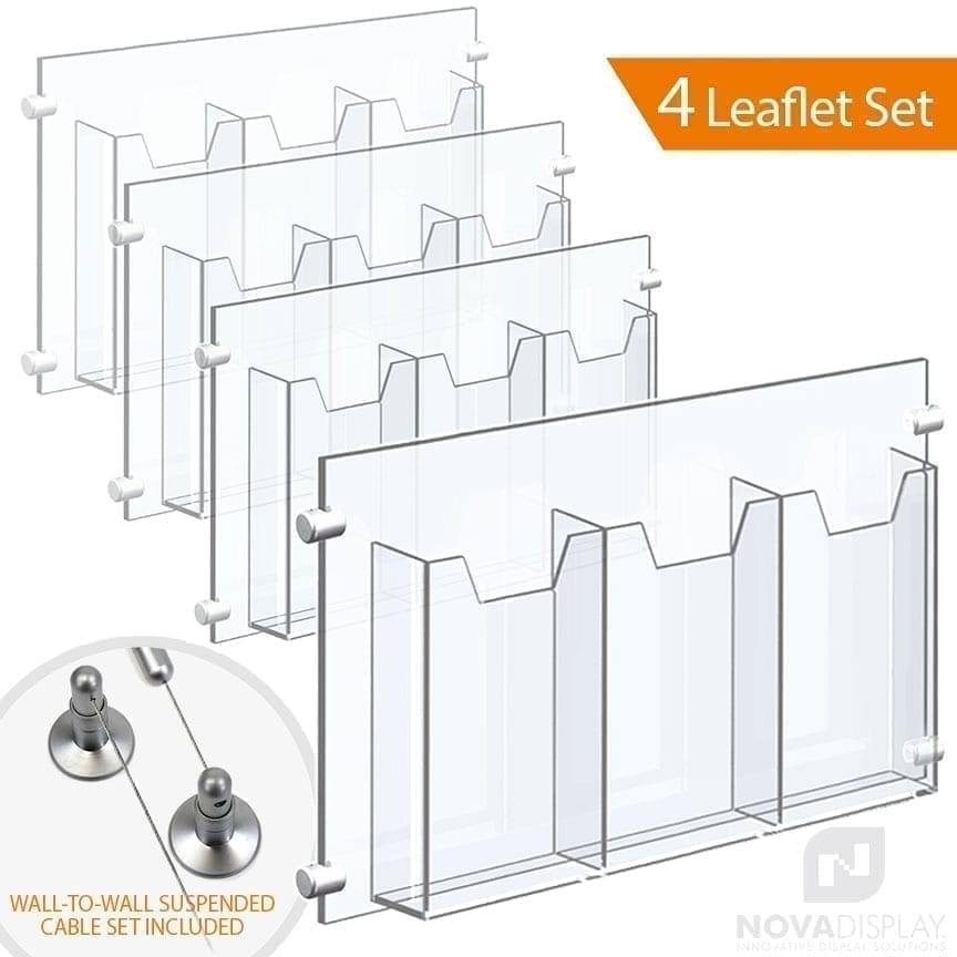 Wall-to-Wall Cable Suspended 1/8″ Clear Acrylic Literature Holder (with 1/4″ Base) – Treble Pocket / 4 PCS SET