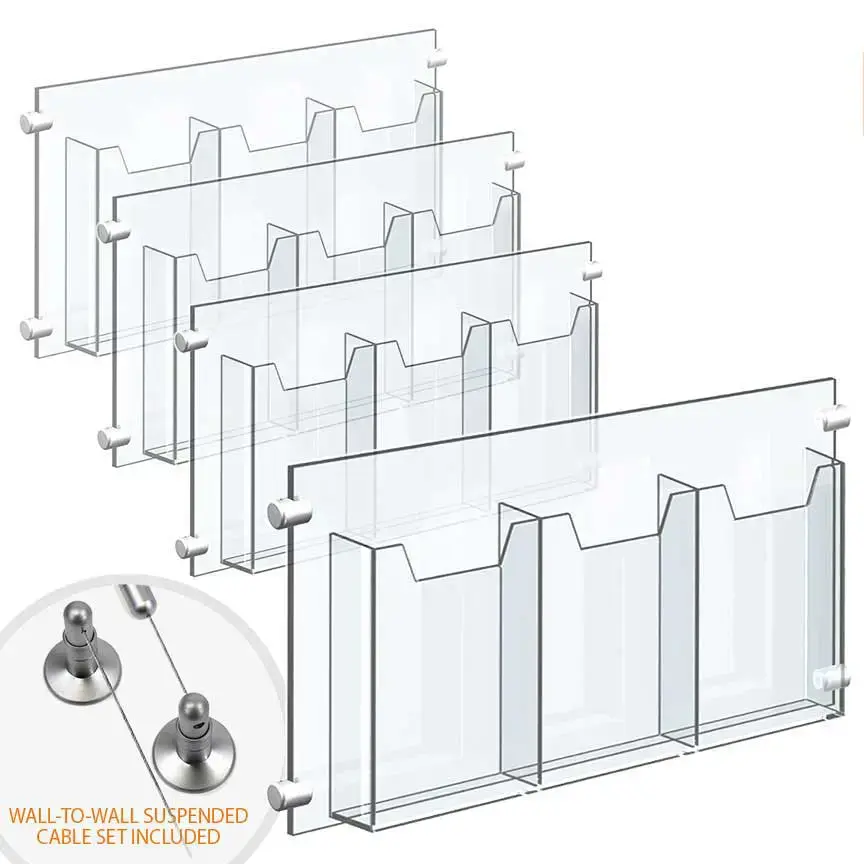 Wall-to-Wall Cable Suspended 1/8″ Clear Acrylic Literature Holder (with 1/4″ Base) – Treble Pocket / 4 PCS SET