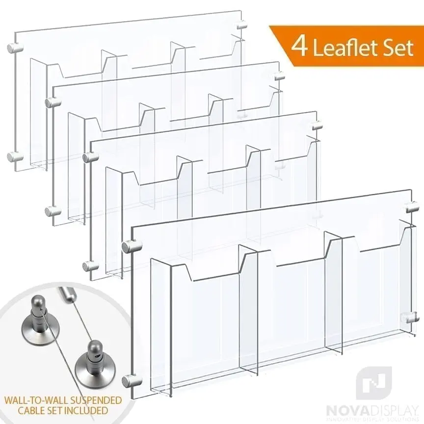 Wall-to-Wall Cable Suspended 1/8″ Clear Acrylic Literature Holder (with 1/4″ Base) – Treble Pocket / 4 PCS SET