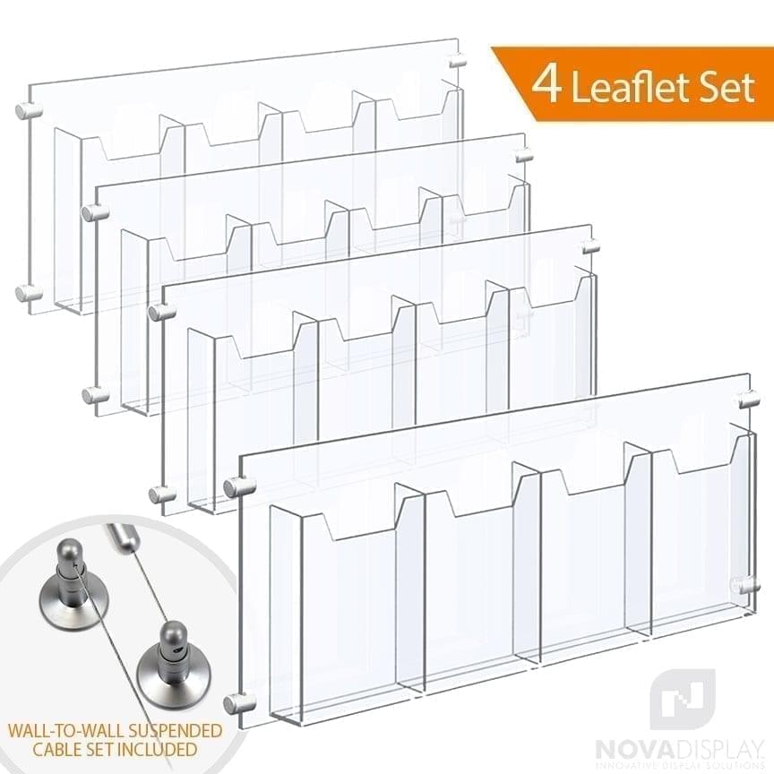 Wall-to-Wall Cable Suspended 1/8″ Clear Acrylic Literature Holder (with 1/4″ Base) – Four Pocket / 4 PCS SET