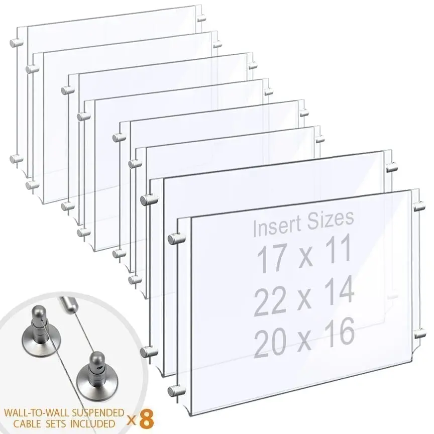 Wall-to-Wall Cable Suspended 1/8″ Clear Acrylic Poster Holder / Landscape Format – Double Pocket