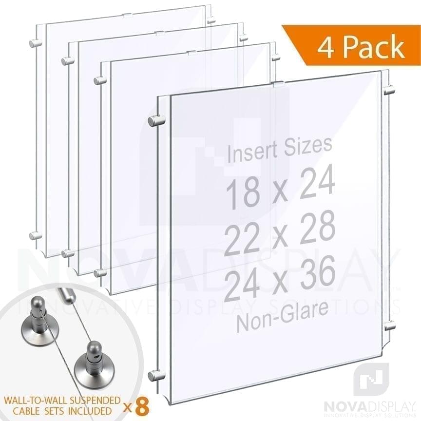 Wall-to-Wall Cable Suspended 1/8″ Non-Glare Acrylic Poster Holder / Portrait Format – Single Pocket