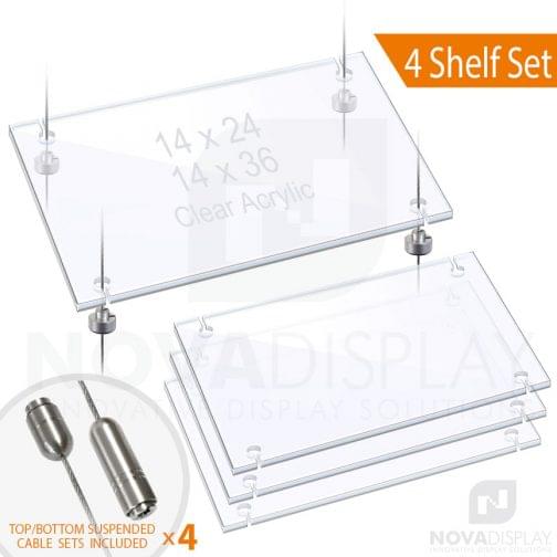 Cable Suspended 3/8″ Thick Acrylic Shelf Display Bundle w/Clear Slotted / Removable Shelves (*Stainless Steel)