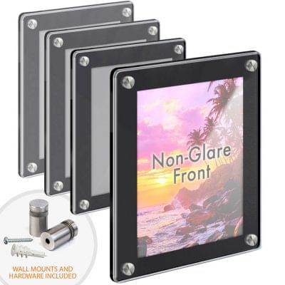Standoff Wall Mounted Large Acrylic Poster Frames / Round Corners – set of 1/4″ Black Matte & 1/8″ Non-Glare Acrylic Panels with Laser-Cut Polished Edges. Available in 12″ x 18″, 14″ x 22″, 16″ x 20″, and 18″ x 24″ panel sizes.