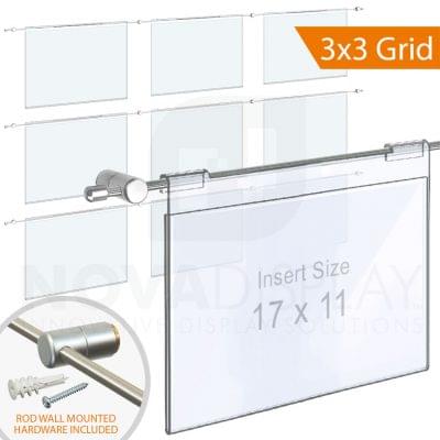 Hook-on Acrylic Info/Poster Display – Clear. Insert Size: 17″W x 11″H / 3 x 3 GRID
